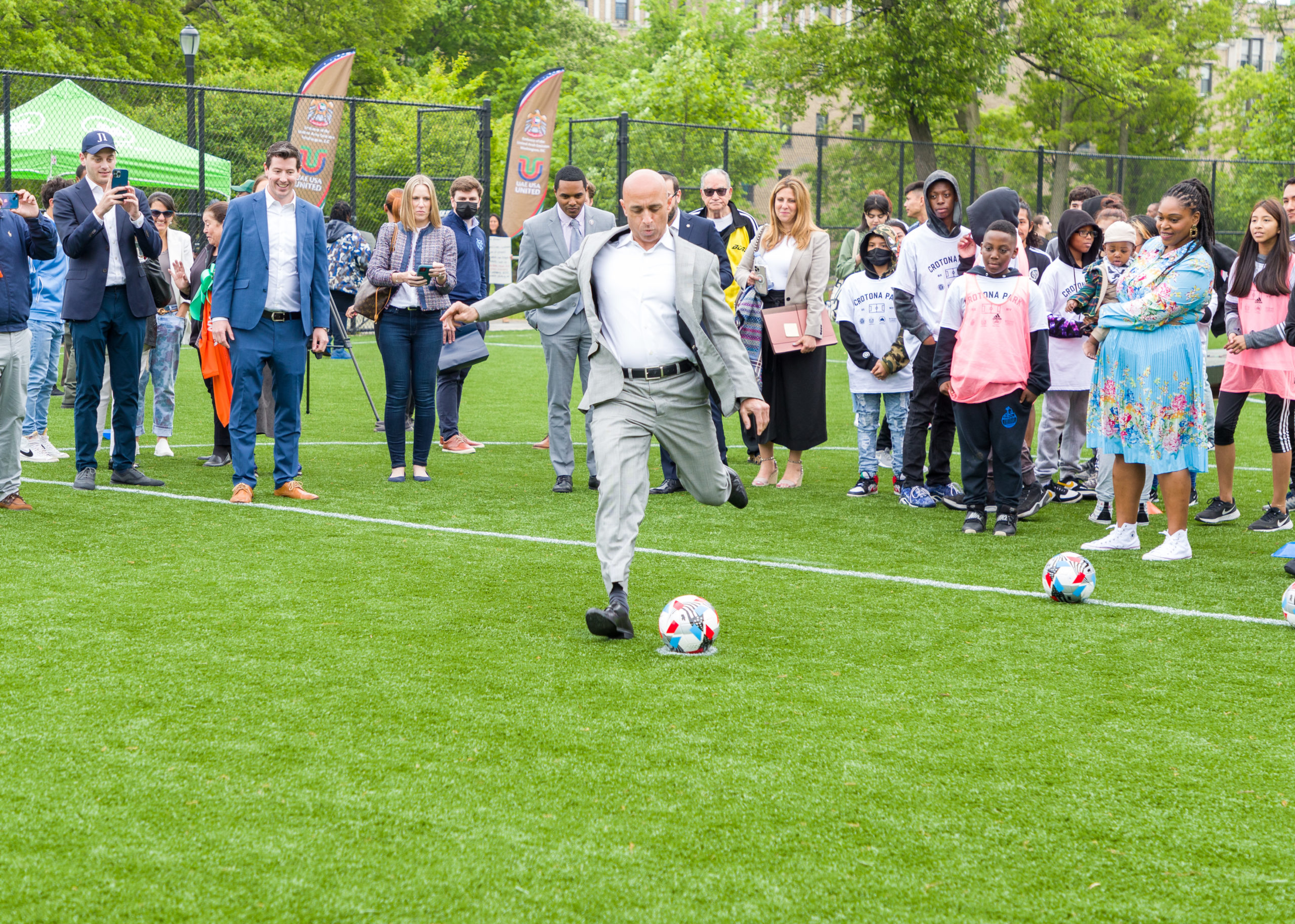 Ambassador Al Otaiba plays soccer at Crotona Park soccer field