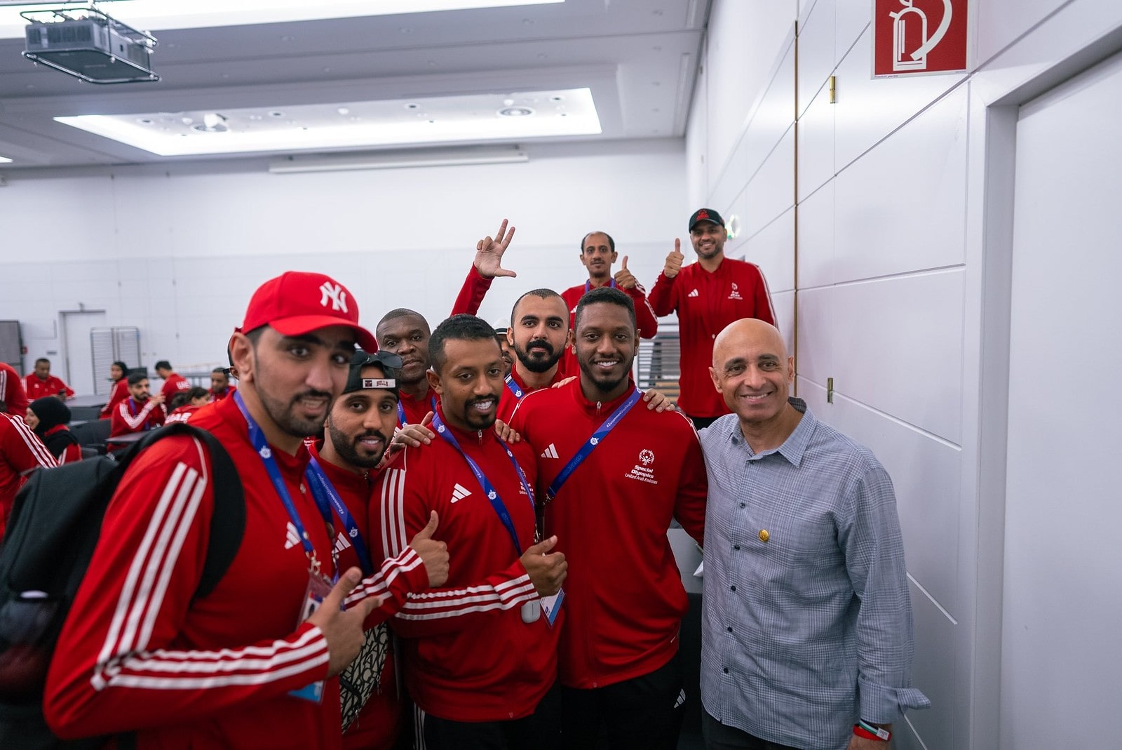 Ambassador Yousef Al Otaiba, member of the Special Olympics Board of Directors, met with coaches and players at the Special Olympics World Games.