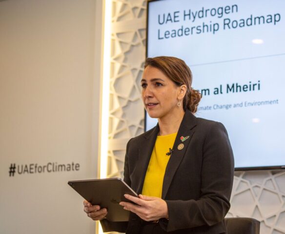 Emirati woman addresses crowd on UAE climate change initiatives.