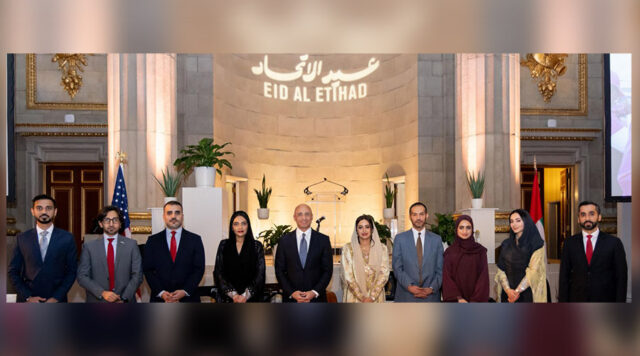 UAE Ambassador Al Otaiba, Abeer Al Otaiba and other government officials pose for a picture during National Day at the UAE Embassy in Washington, D.C. in December 2025