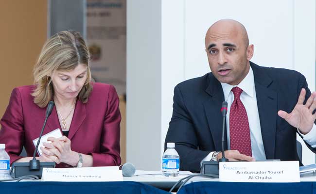H.E. Yousef Al Otaiba with Nancy Lindborg, President and CEO of the US Institute of Peace