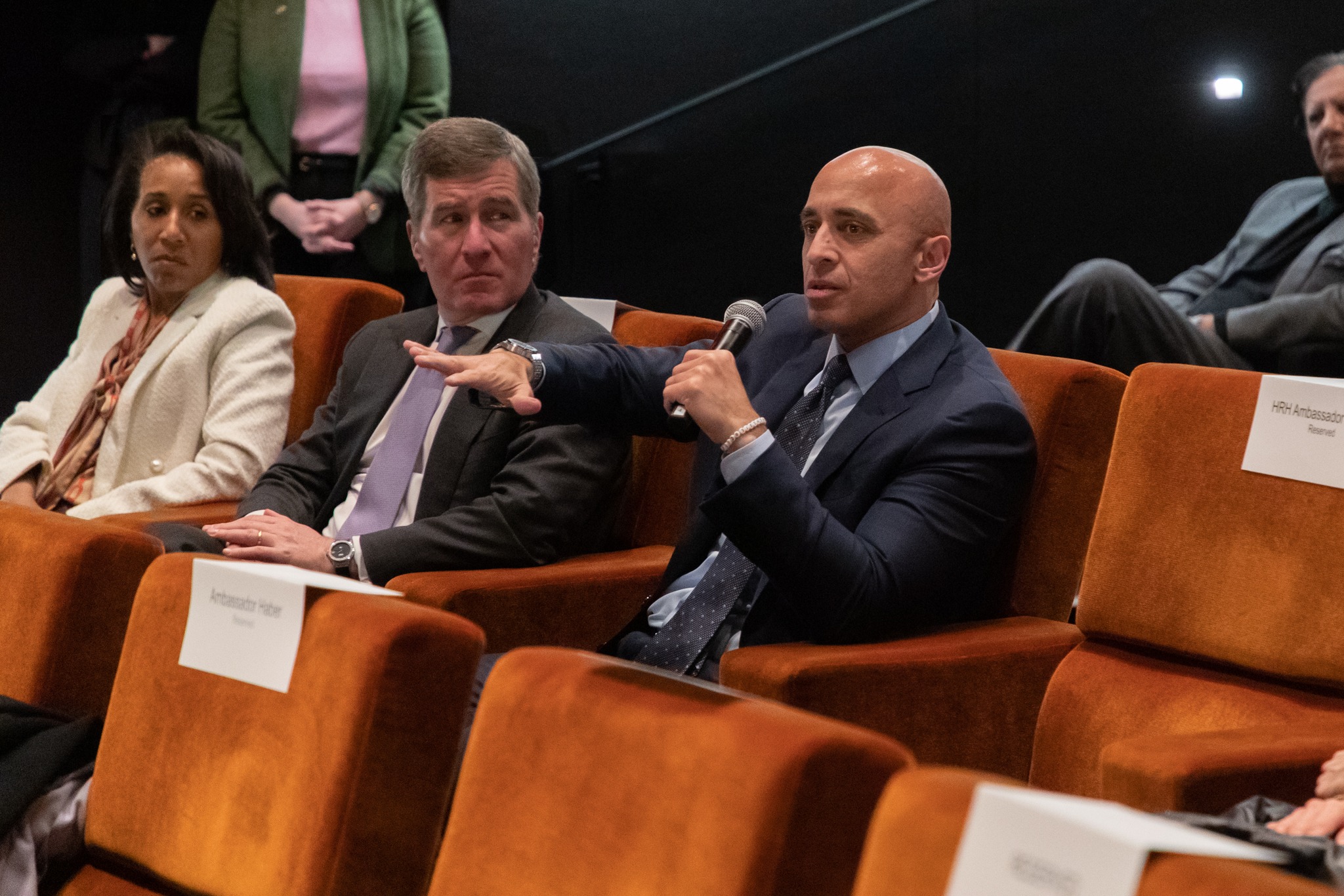 Ambassador Yousef Al Otaiba and Special Olympics Chairman Tim Shriver sit at a docu-short screening.