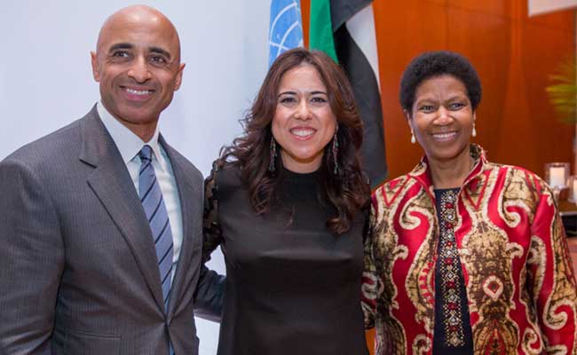 Ambassador Yousef Al Otaiba with UAE Permanent Representative to the United Nations Lana Nusseibeh and others at the UN General Assembly in 2015.