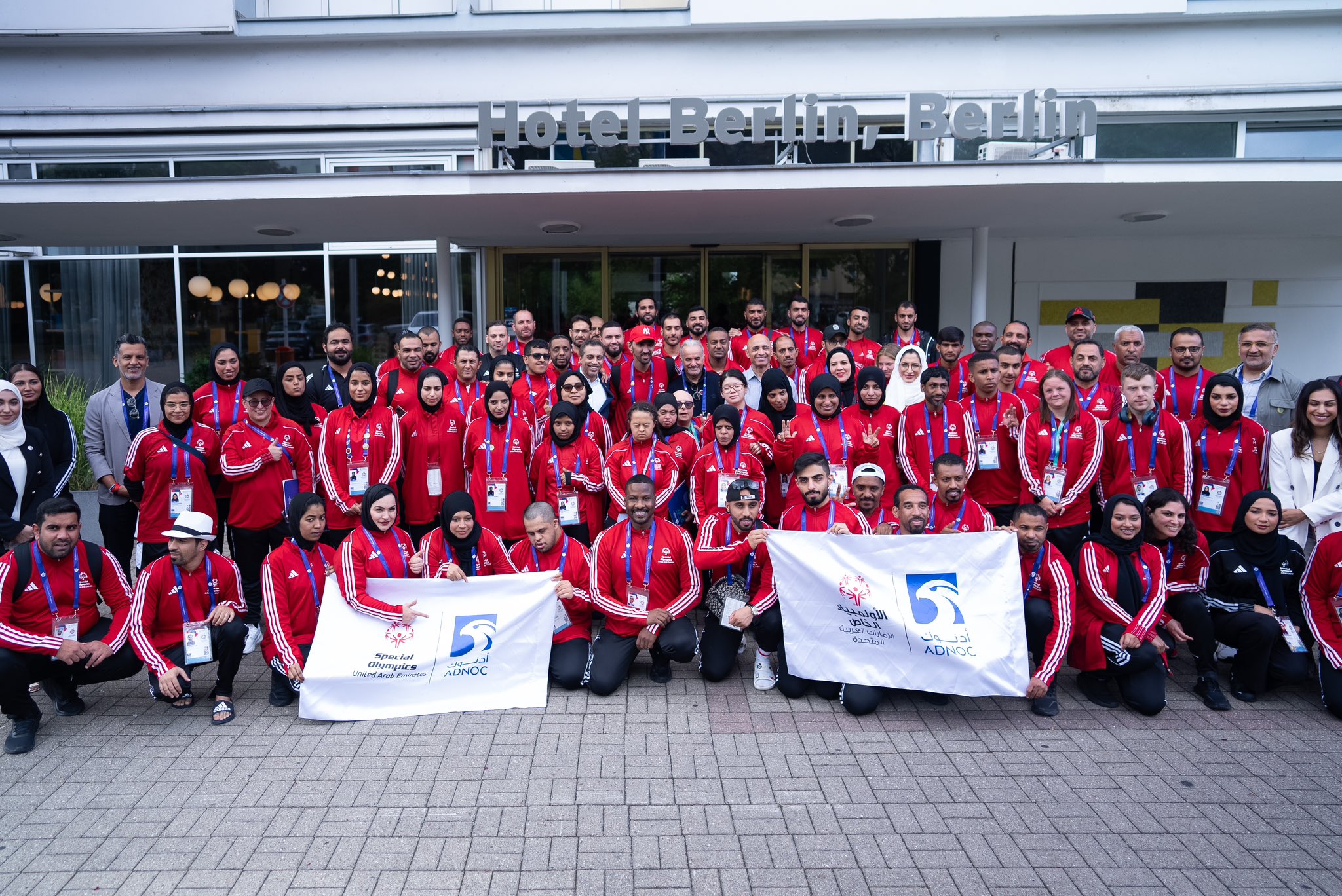 Yousef Al Otaiba and members of Team UAE stand for a photo at the Berlin Special Olympics World Games.