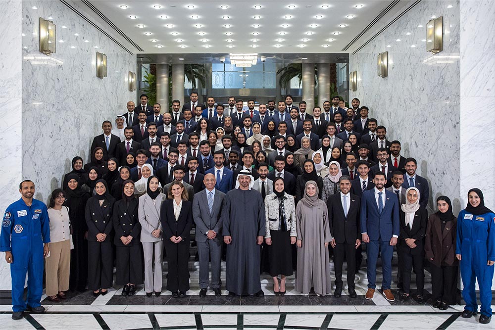 His Highness Sheikh Mohamed bin Zayed Al Nahyan, President of the United Arab Emirates (UAE), meets with Emirati students at the UAE Embassy in Washington, DC.