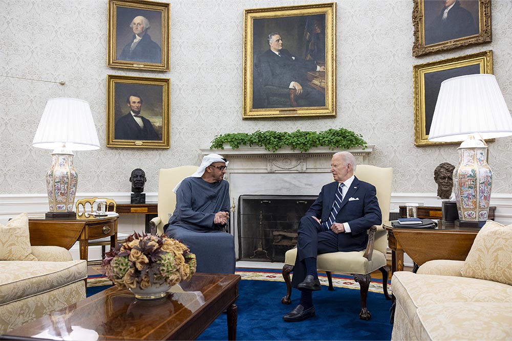 His Highness Sheikh Mohamed bin Zayed Al Nahyan, President of the United Arab Emirates (UAE), sits with President Joe Biden.