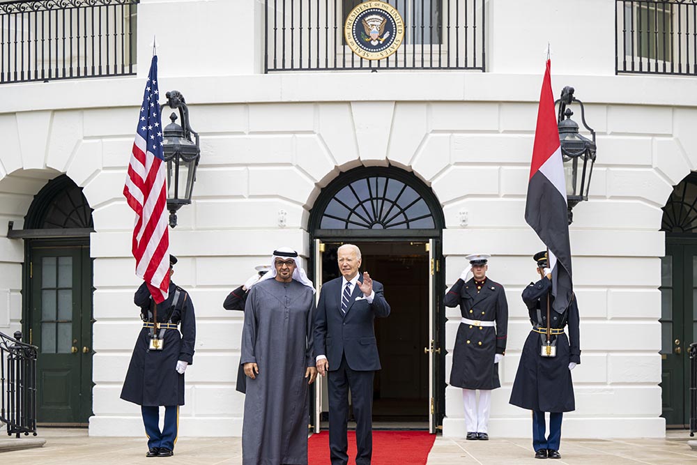 His Highness Sheikh Mohamed bin Zayed Al Nahyan and President Joe Biden, posing for the camera in front of the White House.