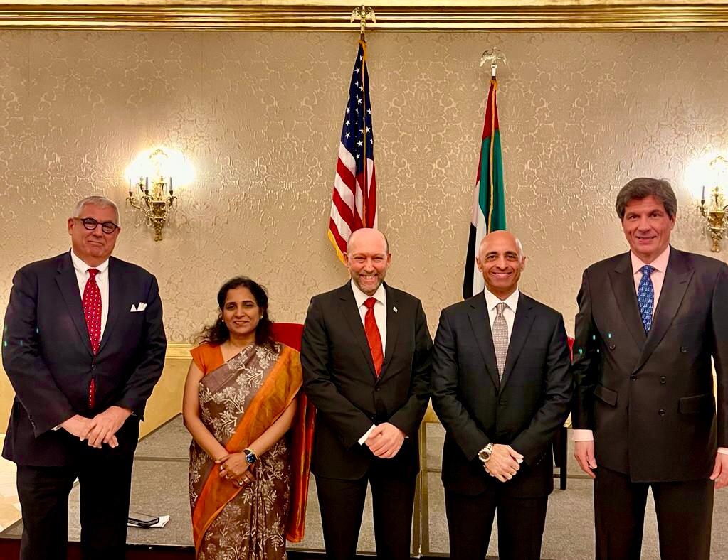 Yousef Al Otaiba joins members of the U.S.–UAE Business Council to sign an I2U2 Memorandum of Understanding.