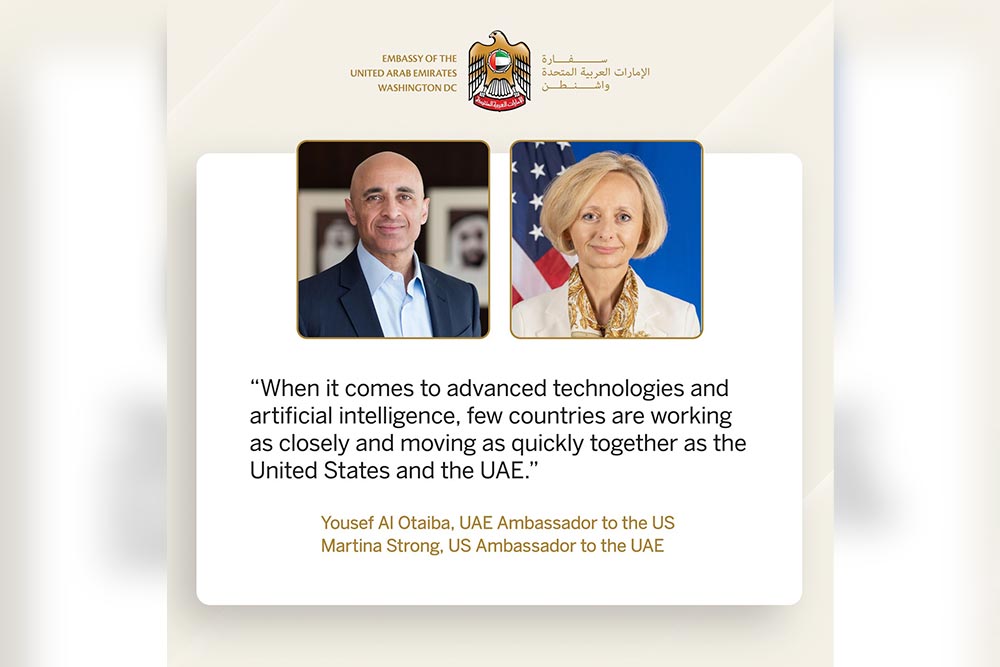 UAE Ambassador Yousef Al Otaiba and US Ambassador to the UAE Martina Strong’s images with a quote from their opinion piece.